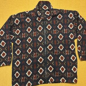 Bugle Boy Fleece Jacket Womens Large Blue Burgundy Geometric Full Zip Vintage